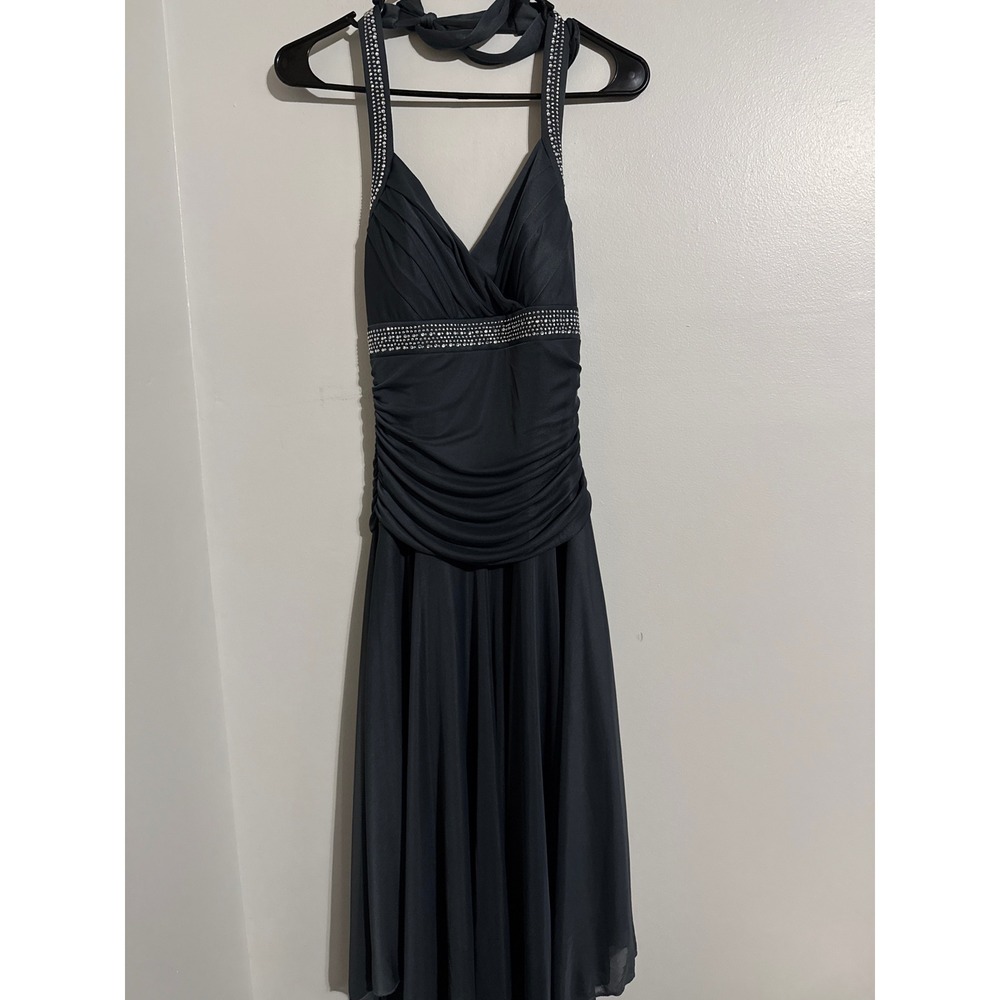 Trixxi Charcoal Gray Halter Formal Gown Rhinestone Ruched Cowl
